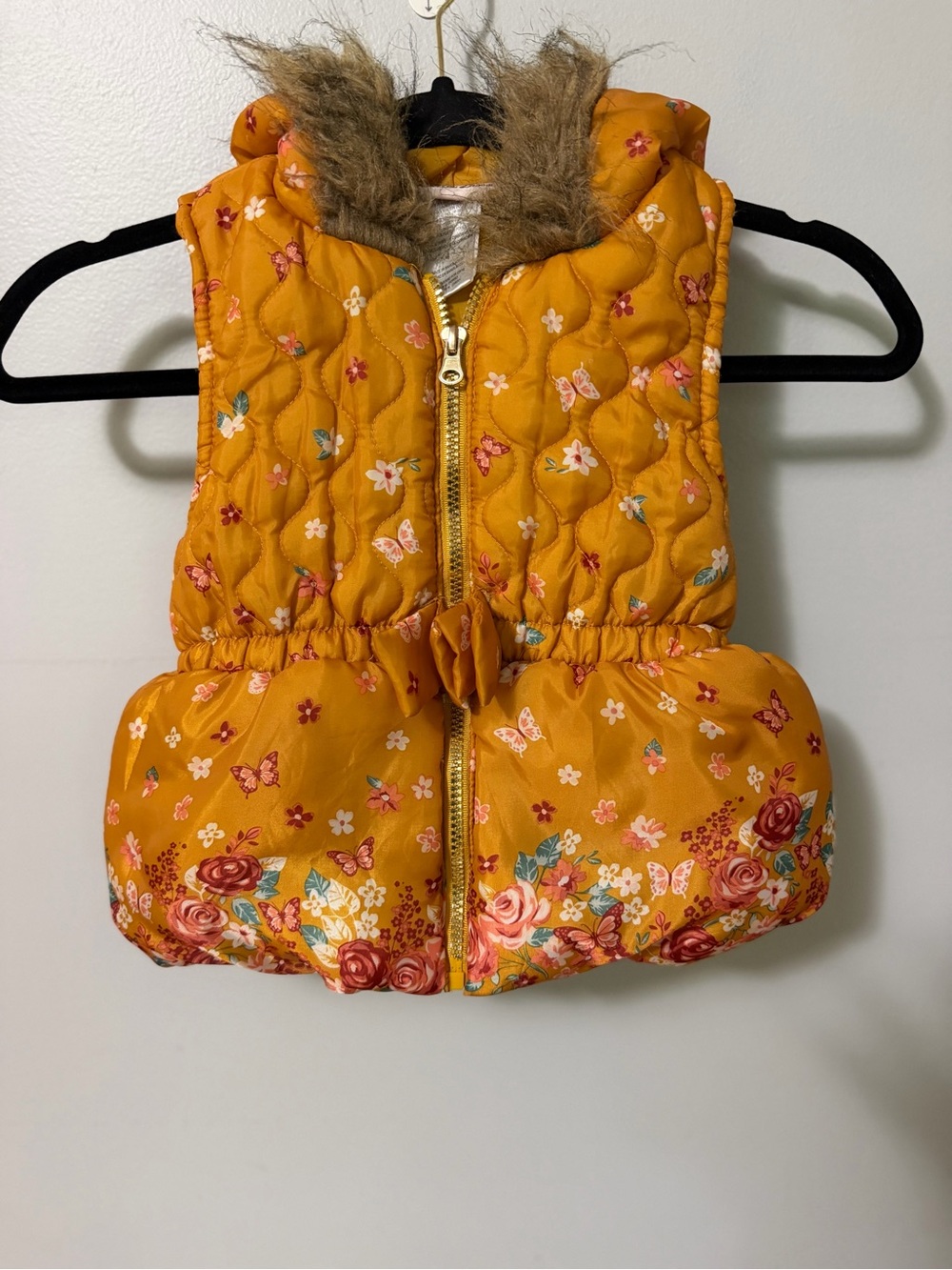 Little Lass Girls Floral Puffer Vest Hooded Faux Fur Mustard Yellow Size 4